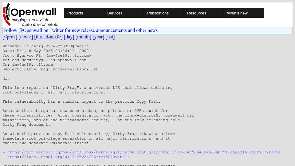 Screenshot of openwall.com: Dirtyfrag: Universal Linux LPE