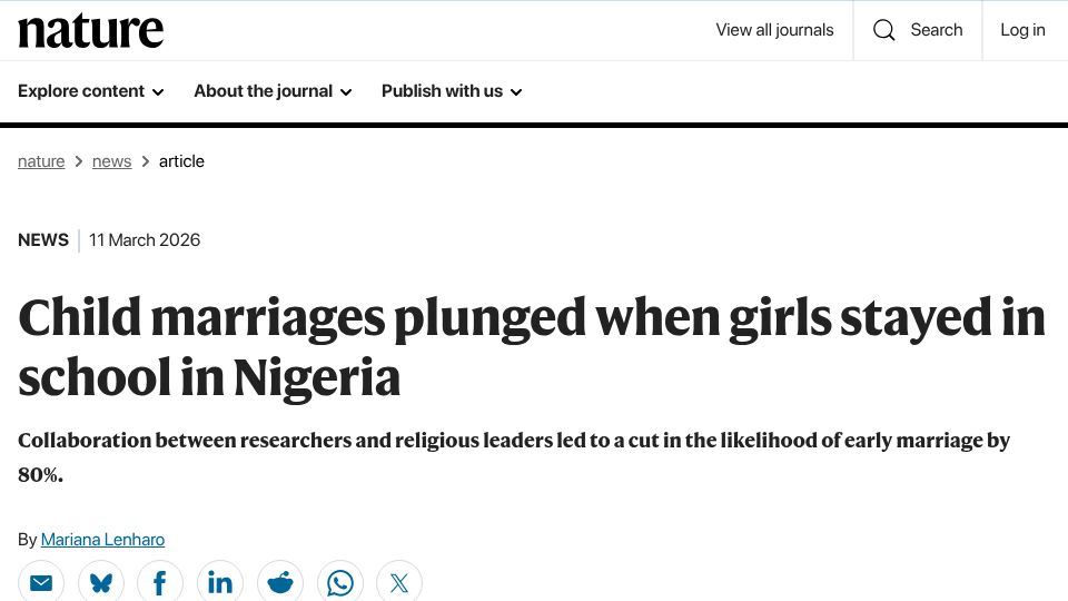Screenshot of nature.com: Child marriages plunged when girls stayed in school in Nigeria