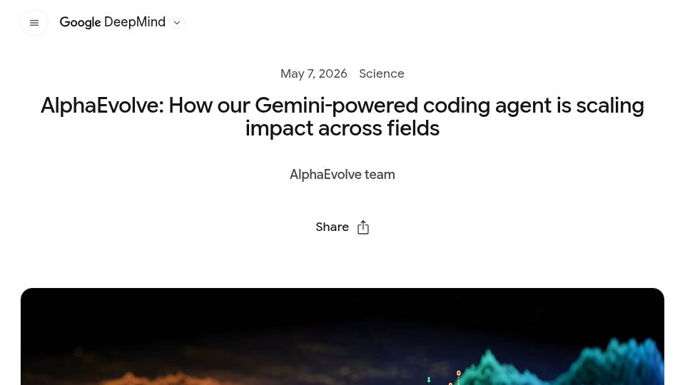 Screenshot of deepmind.google: AlphaEvolve: Gemini-powered coding agent scaling impact across fields