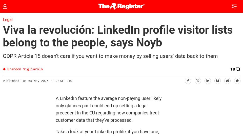 Screenshot of theregister.com: LinkedIn profile visitor lists belong to the people, says Noyb