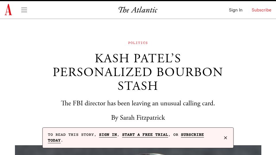 Screenshot of theatlantic.com: Kash Patel's Personalized Bourbon Stash