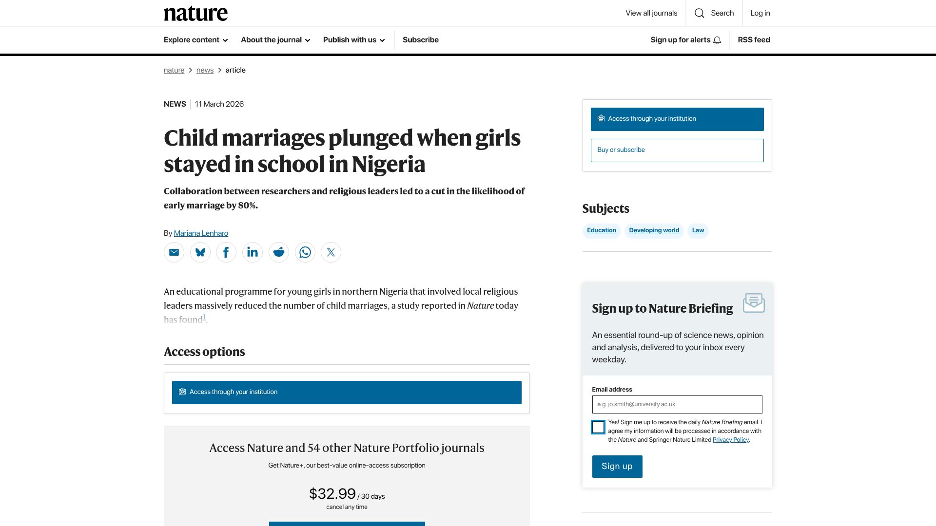 Screenshot of nature.com: Child marriages plunged when girls stayed in school in Nigeria