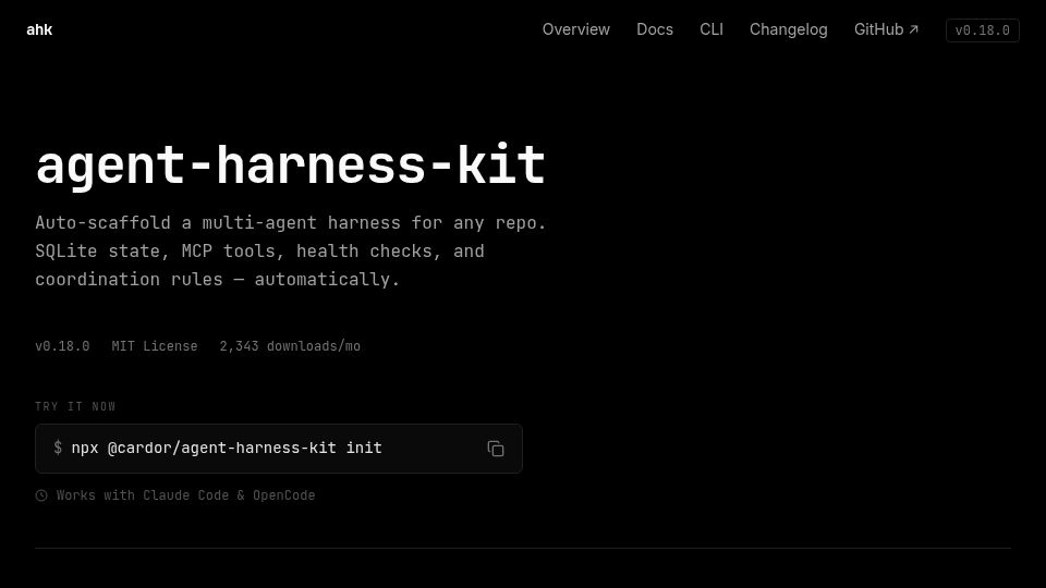 Screenshot of ahk.cardor.dev: Agent-harness-kit scaffolding for multi-agent workflows (MCP, provider-agnostic)
