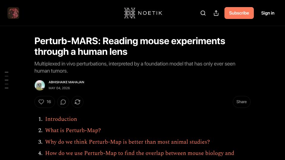 Screenshot of noetik.blog: Perturb-MARS: Reading mouse experiments through a human lens