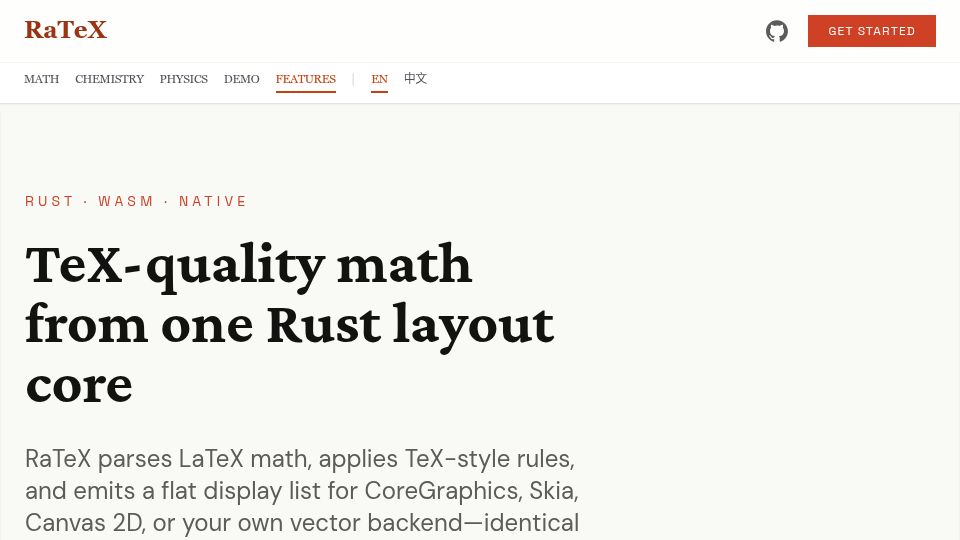 Screenshot of ratex.lites.dev: RaTeX: KaTeX-compatible LaTeX rendering engine in pure Rust