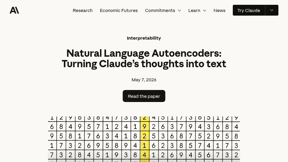 Screenshot of anthropic.com: Natural Language Autoencoders: Turning Claude's Thoughts into Text