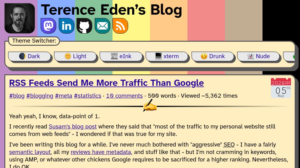 Screenshot of shkspr.mobi: RSS feeds send me more traffic than Google