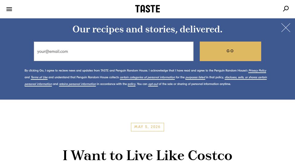 Screenshot of tastecooking.com: I want to live like Costco people