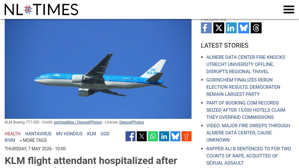 Screenshot of nltimes.nl: KLM flight attendant hospitalized after contact with hantavirus