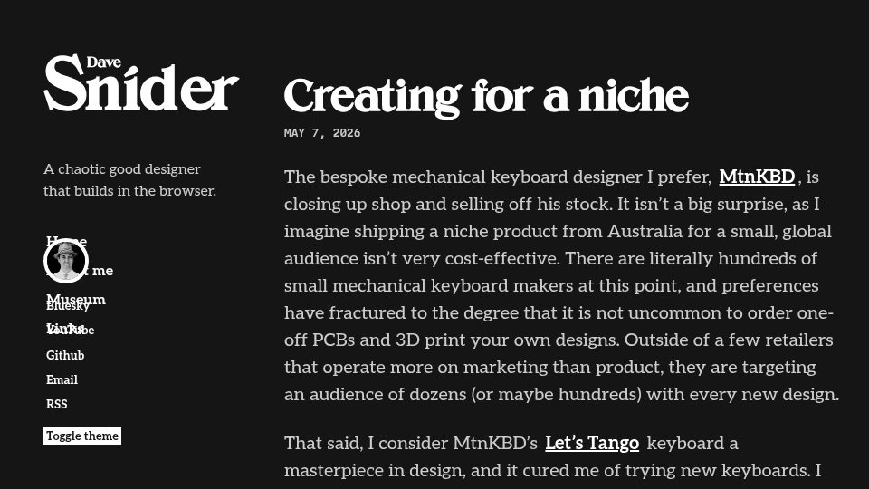 Screenshot of davesnider.com: Creating for a niche