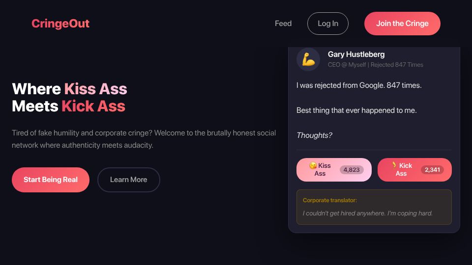 Screenshot of cringeout.com: Show HN: Social Network for Corporate Cringe