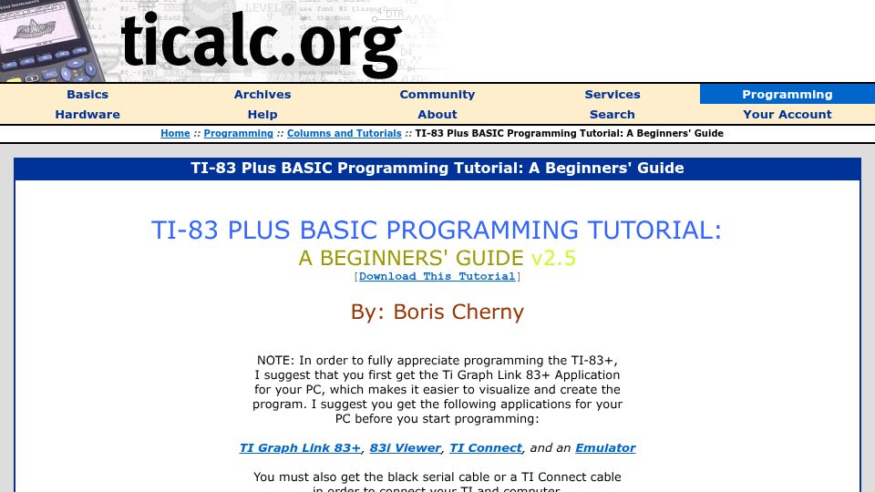 Screenshot of ticalc.org: Boris Cherny: TI-83 Plus Basic Programming Tutorial (2004)