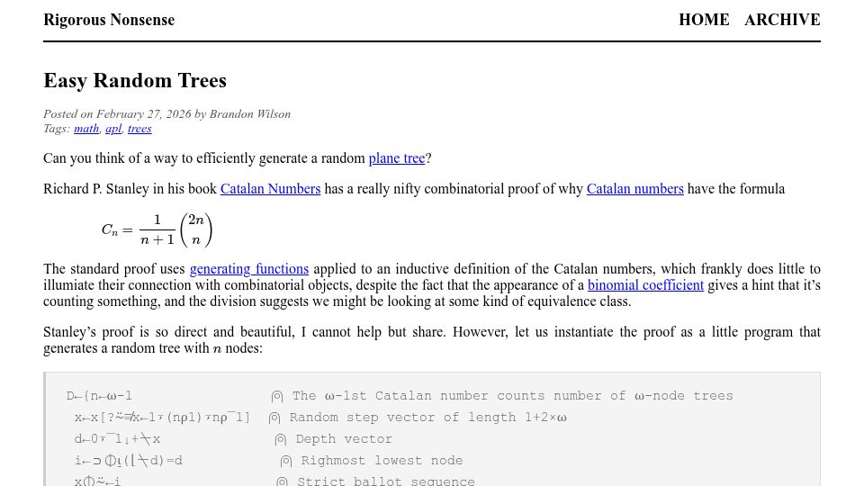 Screenshot of blog.wilsonb.com: Easy Random Trees