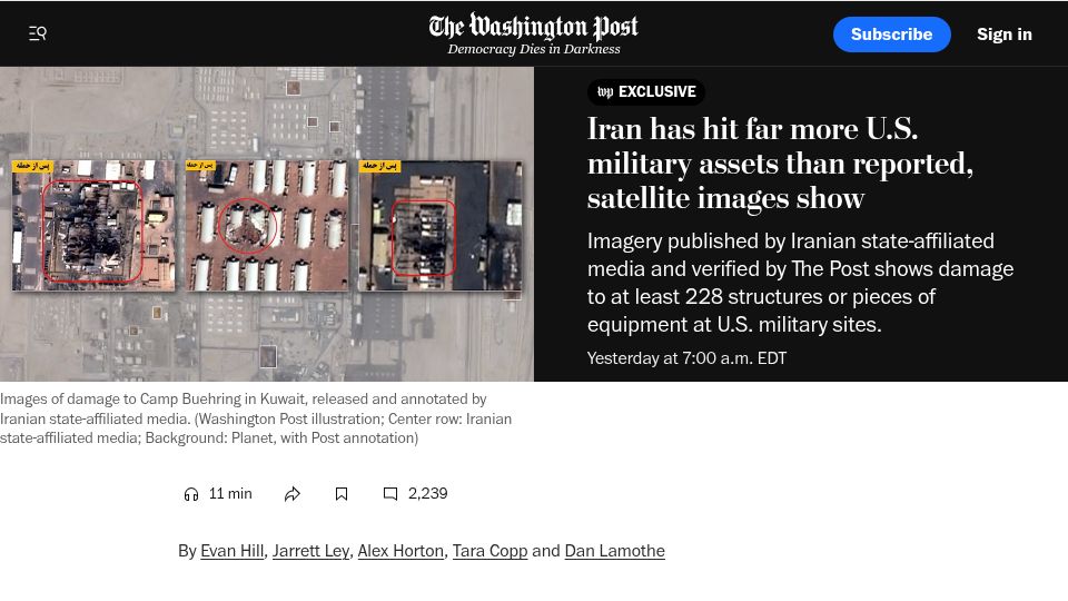 Screenshot of washingtonpost.com: Iran hit more U.S. military targets than has been reported, satellite images