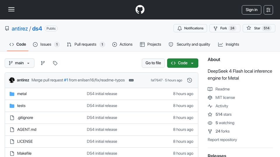 Screenshot of github.com: DeepSeek 4 Flash local inference engine for Metal