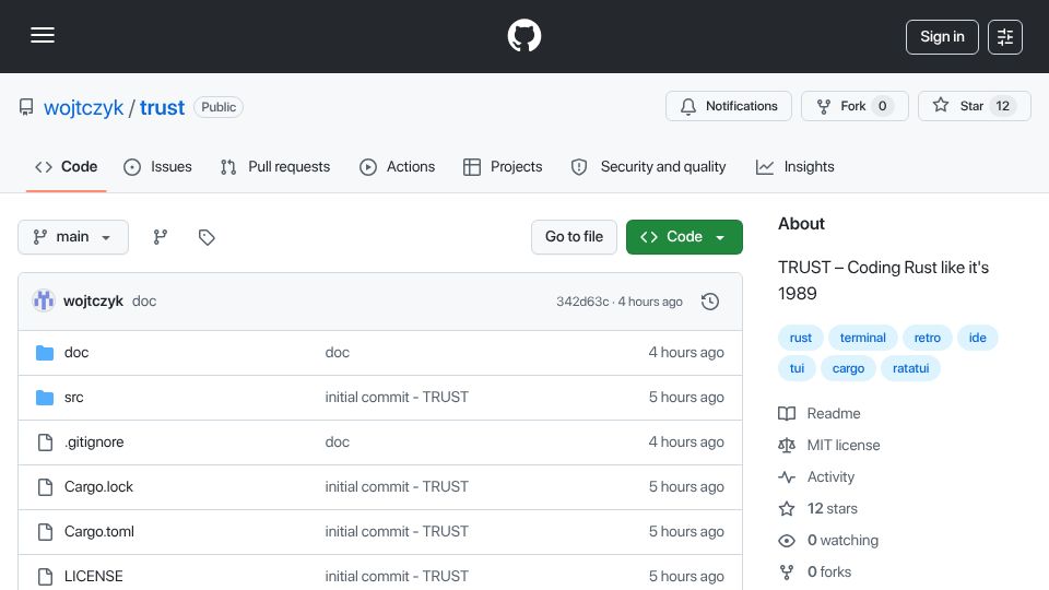 Screenshot of github.com: Show HN: TRUST – Coding Rust like it's 1989