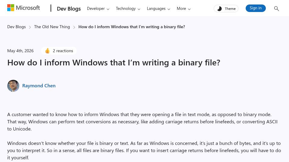 Screenshot of devblogs.microsoft.com: How do I inform Windows that I'm writing a binary file?