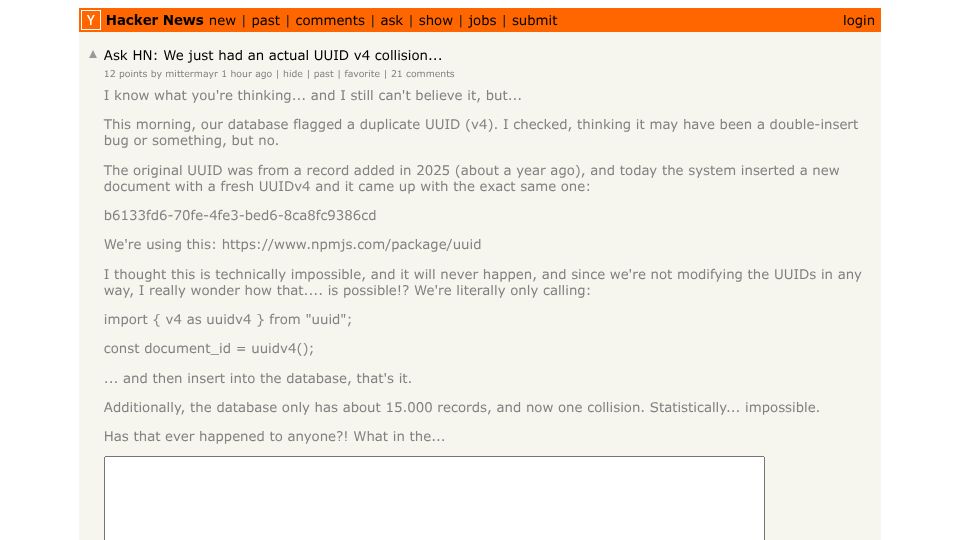 Screenshot of Hacker News post: Ask HN: We just had an actual UUID v4 collision...