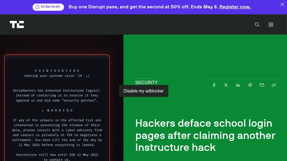 Screenshot of techcrunch.com: Hackers deface school login pages after claiming another Instructure hack