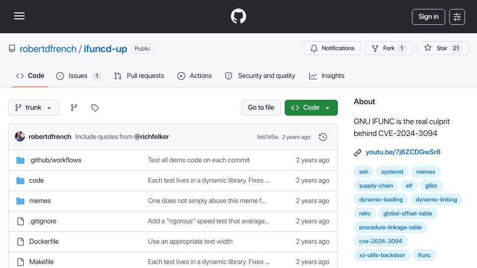 Screenshot of github.com: GNU IFUNC is the real culprit behind CVE-2024-3094