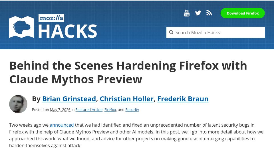 Screenshot of hacks.mozilla.org: Hardening Firefox with Claude Mythos Preview