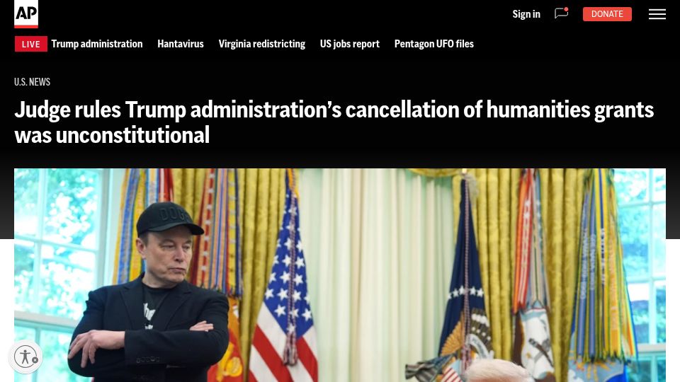 Screenshot of apnews.com: Judge rules DOGE cancellation of humanities grants was unconstitutional