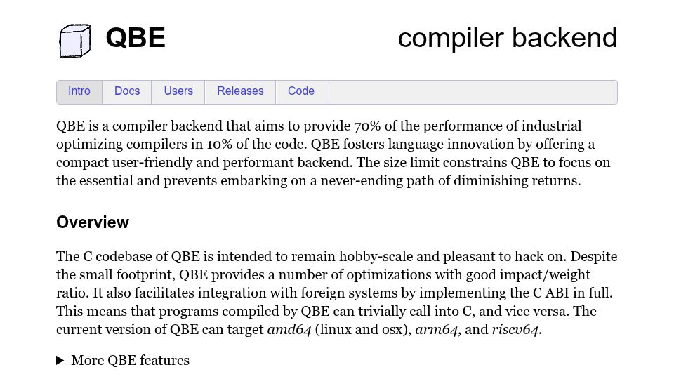 Screenshot of c9x.me: QBE – Compiler Back End