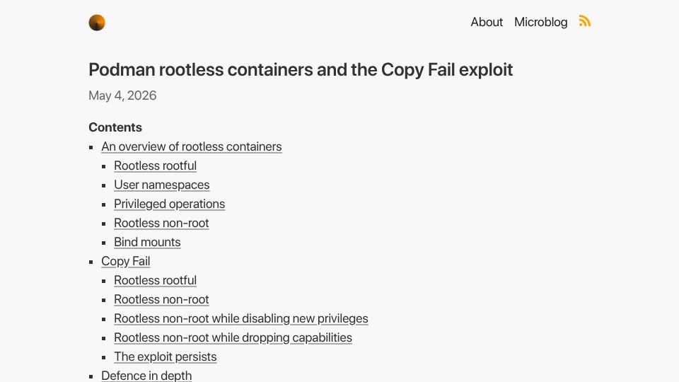Screenshot of garrido.io: Podman rootless containers and the Copy Fail exploit