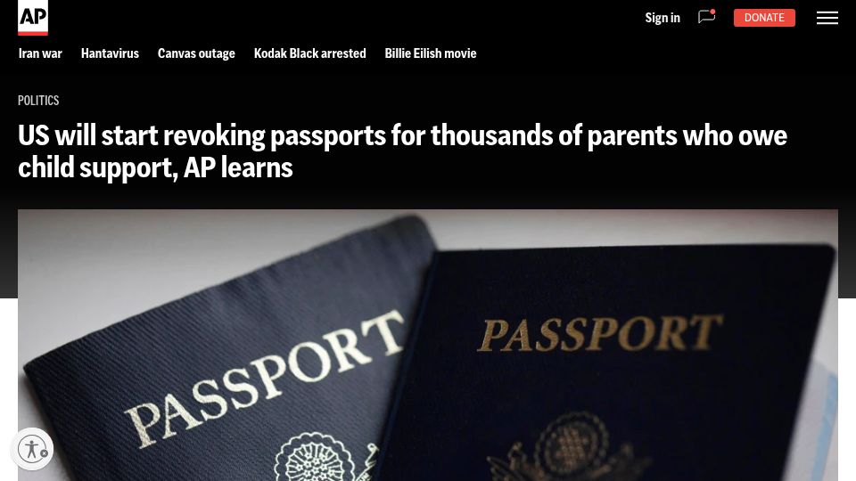 Screenshot of apnews.com: US will start revoking passports for parents who owe child support