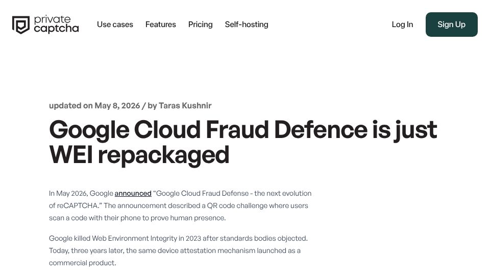 Screenshot of privatecaptcha.com: Google Cloud Fraud Defence is just WEI repackaged