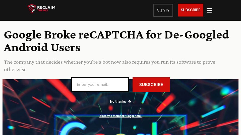 Screenshot of reclaimthenet.org: Google broke reCAPTCHA for de-googled Android users