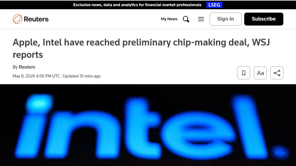 Screenshot of reuters.com: Apple, Intel have reached preliminary chip-making deal