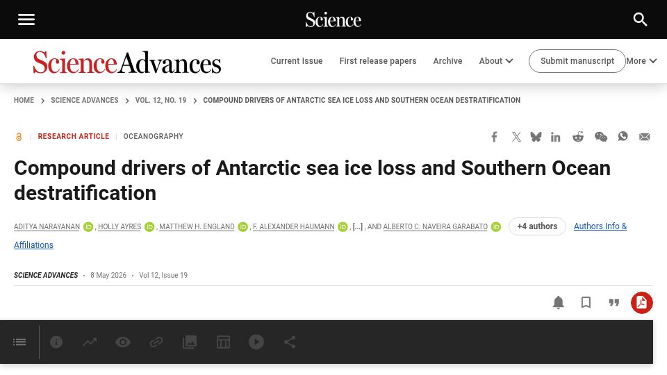Screenshot of science.org: Compound drivers of Antarctic sea ice loss and Southern Ocean destratification