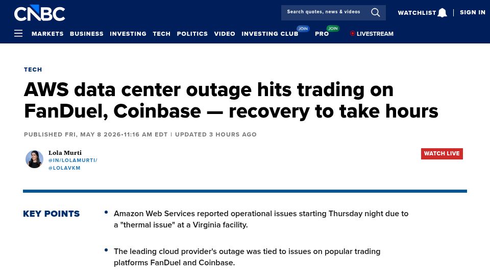 Screenshot of cnbc.com: AWS data center outage hits trading on Fanduel, Coinbase