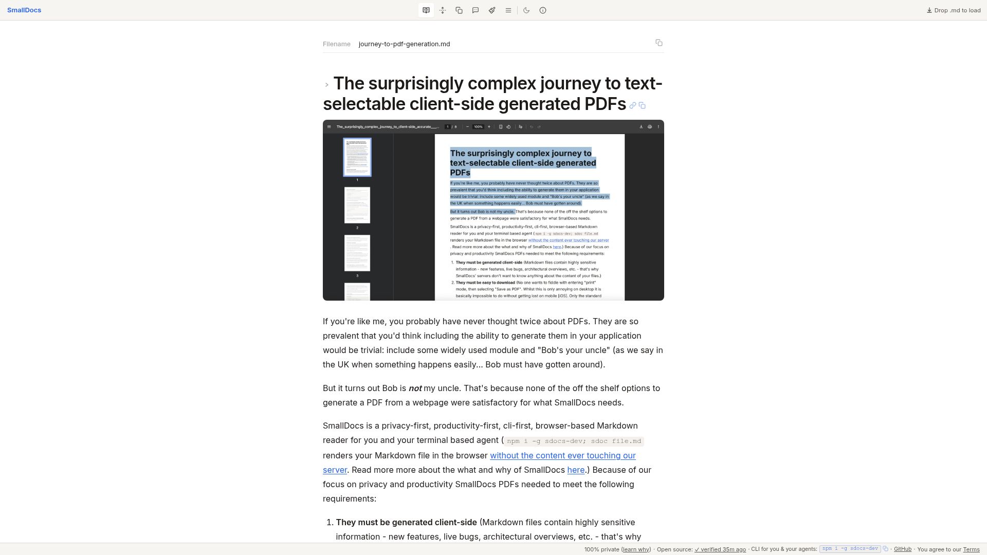 Screenshot of sdocs.dev: The surprisingly complex journey to text-selectable client-side generated PDFs