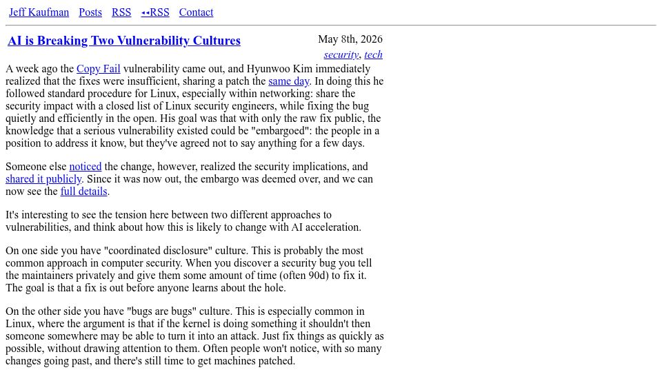 Screenshot of jefftk.com: AI is breaking two vulnerability cultures