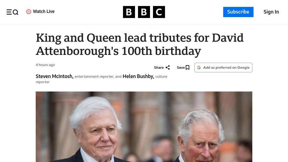 Screenshot of bbc.com: David Attenborough's 100th Birthday