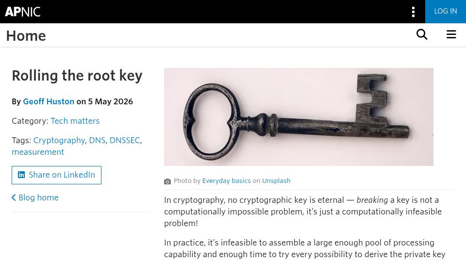 Screenshot of blog.apnic.net: Rolling the Root Key
