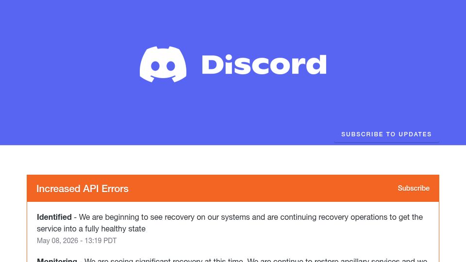 Screenshot of discordstatus.com: Discord Incident