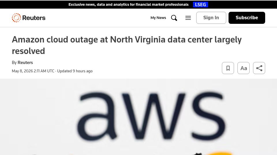 Screenshot of cnbc.com: AWS North Virginia data center outage – resolved
