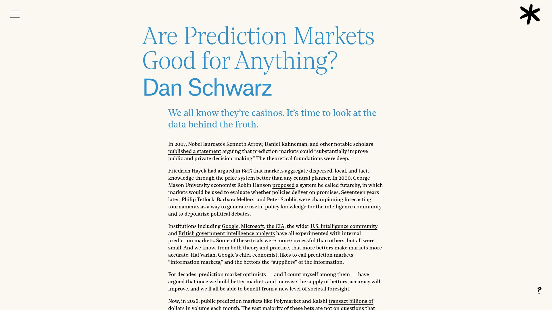Screenshot of asteriskmag.com: Looking at the data behind prediction markets