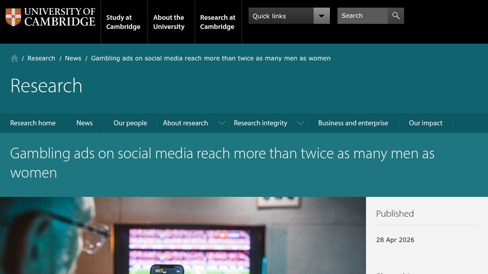 Screenshot of cam.ac.uk: Gambling ads on social media reach more than twice as many men as women: study