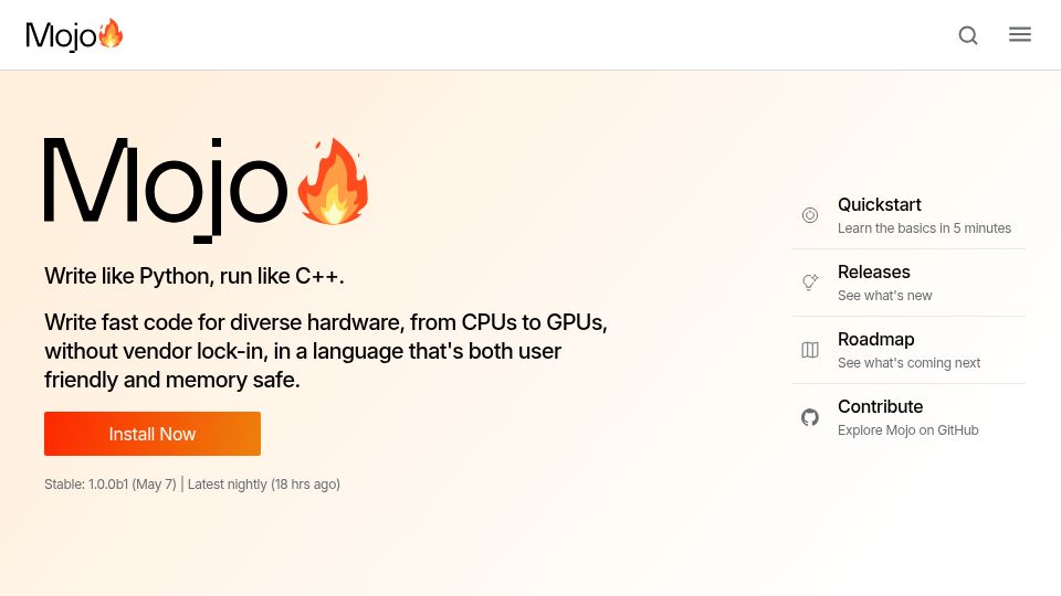 Screenshot of mojolang.org: Mojo 1.0 Beta