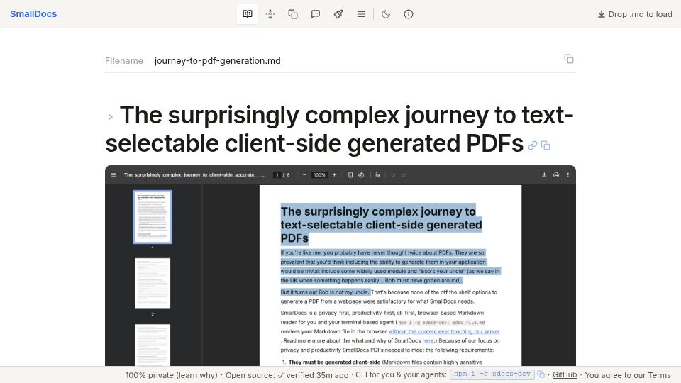 Screenshot of sdocs.dev: The surprisingly complex journey to text-selectable client-side generated PDFs