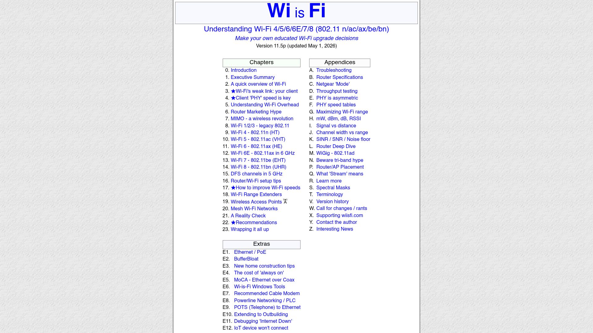 Screenshot of wiisfi.com: Wi is Fi: Understanding Wi-Fi 4/5/6/6E/7/8 (802.11 n/AC/ax/be/bn)