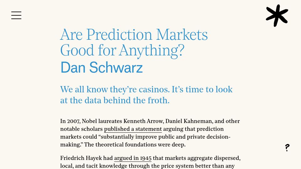 Screenshot of asteriskmag.com: Looking at the data behind prediction markets