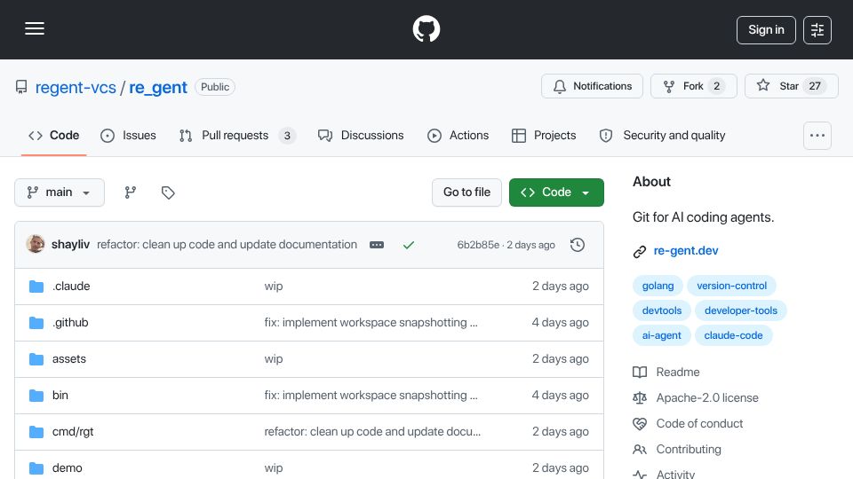 Screenshot of github.com: Show HN: Git for AI Agents