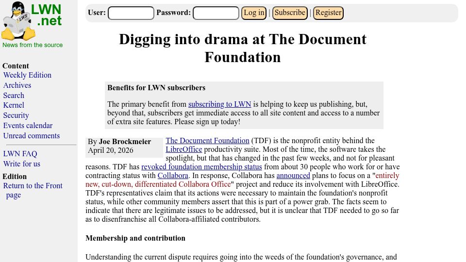 Screenshot of lwn.net: Digging into Drama at the Document Foundation