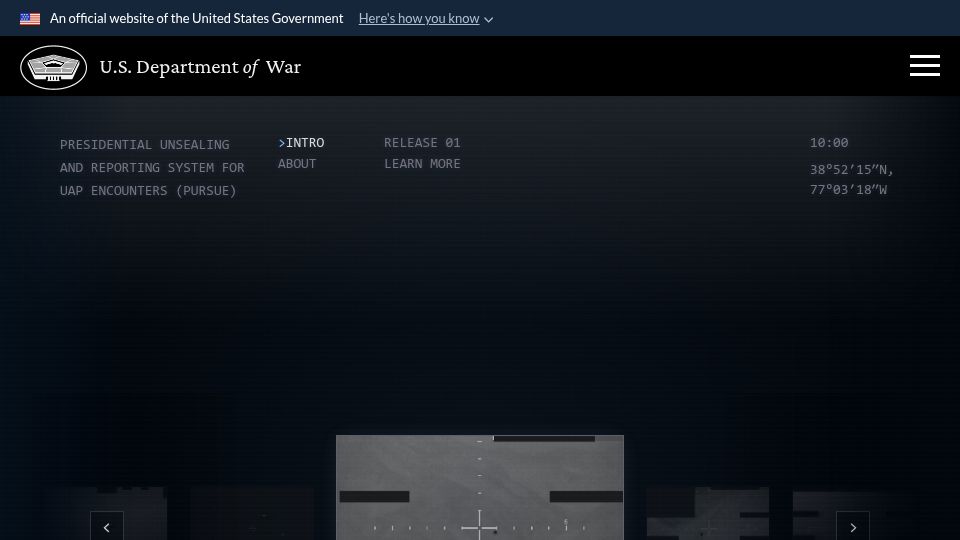 Screenshot of war.gov: US Government releases first batch of UAP documents and videos