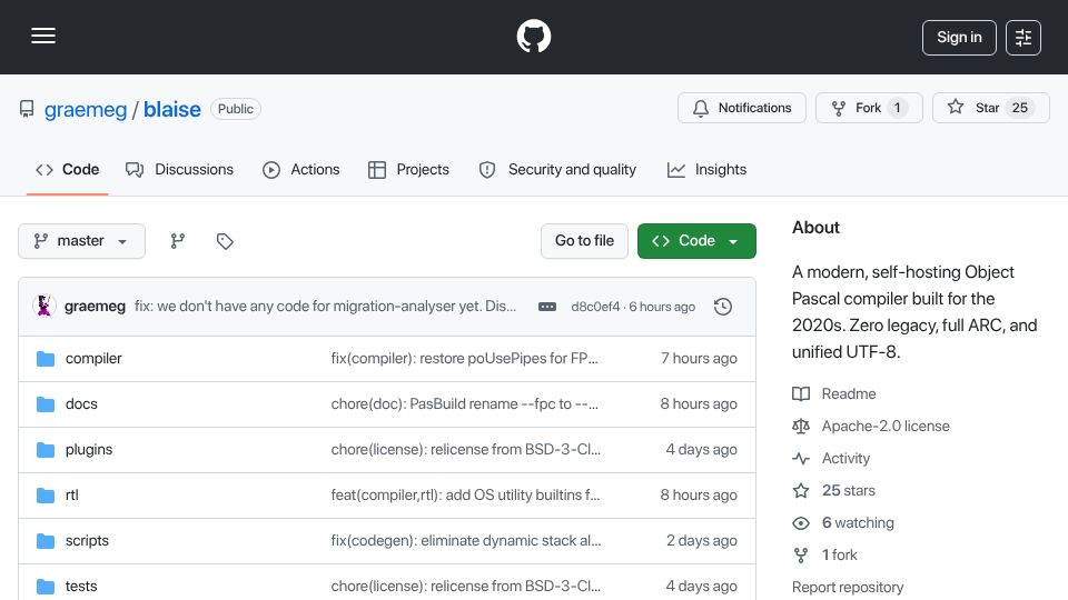 Screenshot of github.com: Blaise – A modern self-hosting zero-legacy Object Pascal compiler targeting QBE